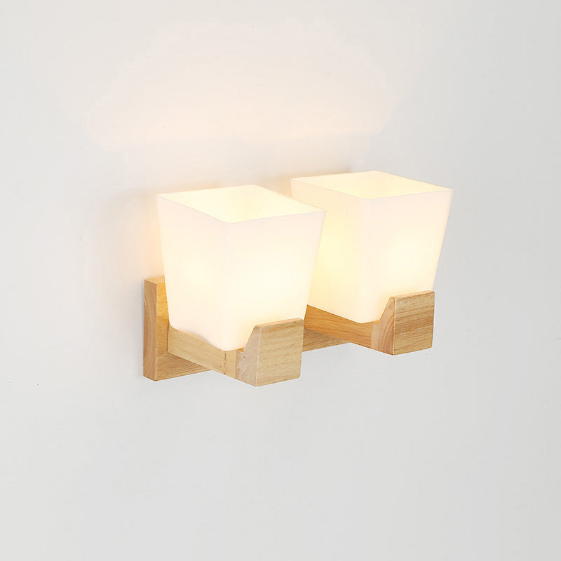 Simplicity Trapezoid Wall Sconce Light White Glass Bedside Wall Mount Lighting with Wood Backplate Clearhalo 'Modern wall lights' 'Modern' 'Wall Lamps & Sconces' 'Wall Lights' Lighting' 2218108