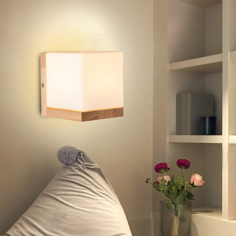 Cube Shaped Sconce Lighting Nordic Style White Glass 1-Light Bedside Wall Light Fixture with Wooden Backplate Clearhalo 'Modern wall lights' 'Modern' 'Wall Lamps & Sconces' 'Wall Lights' Lighting' 2218110