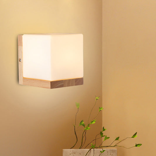 Cube Shaped Sconce Lighting Nordic Style White Glass 1-Light Bedside Wall Light Fixture with Wooden Backplate White Clearhalo 'Modern wall lights' 'Modern' 'Wall Lamps & Sconces' 'Wall Lights' Lighting' 2218111