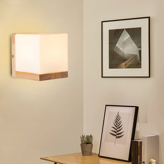 Cube Shaped Sconce Lighting Nordic Style White Glass 1-Light Bedside Wall Light Fixture with Wooden Backplate Clearhalo 'Modern wall lights' 'Modern' 'Wall Lamps & Sconces' 'Wall Lights' Lighting' 2218112