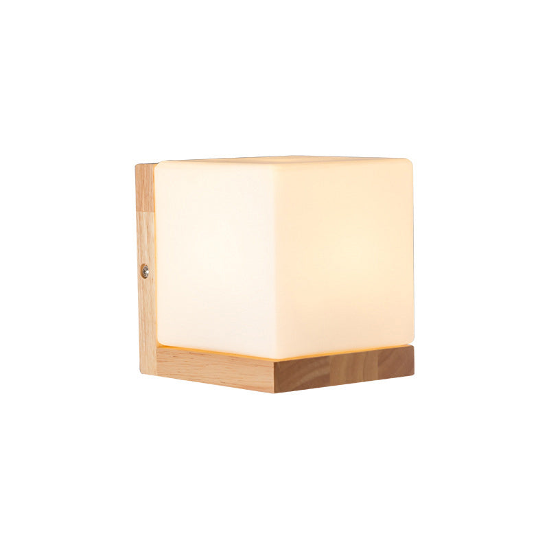 Cube Shaped Sconce Lighting Nordic Style White Glass 1-Light Bedside Wall Light Fixture with Wooden Backplate Clearhalo 'Modern wall lights' 'Modern' 'Wall Lamps & Sconces' 'Wall Lights' Lighting' 2218114