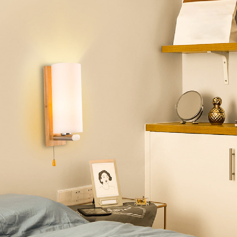 Cylindrical Bedside Wall Mounted Light White Glass Single Simplicity Wall Sconce Lighting with Pull Chain Clearhalo 'Modern wall lights' 'Modern' 'Wall Lamps & Sconces' 'Wall Lights' Lighting' 2218121