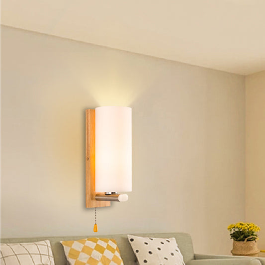 Cylindrical Bedside Wall Mounted Light White Glass Single Simplicity Wall Sconce Lighting with Pull Chain Clearhalo 'Modern wall lights' 'Modern' 'Wall Lamps & Sconces' 'Wall Lights' Lighting' 2218123