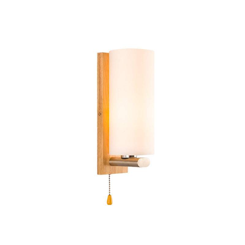 Cylindrical Bedside Wall Mounted Light White Glass Single Simplicity Wall Sconce Lighting with Pull Chain Clearhalo 'Modern wall lights' 'Modern' 'Wall Lamps & Sconces' 'Wall Lights' Lighting' 2218125