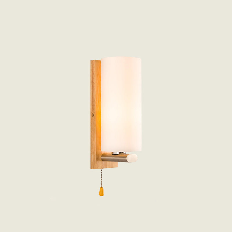 Cylindrical Bedside Wall Mounted Light White Glass Single Simplicity Wall Sconce Lighting with Pull Chain Clearhalo 'Modern wall lights' 'Modern' 'Wall Lamps & Sconces' 'Wall Lights' Lighting' 2218126