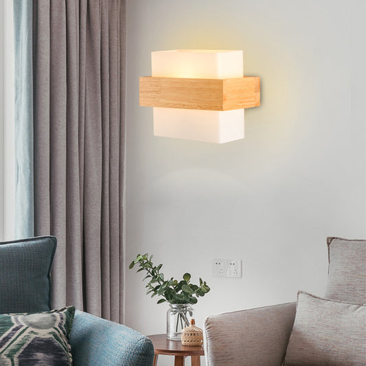 White Glass Rectangle Sconce Lighting Modern Single-Bulb Wall Light Fixture with Wooden Decor Clearhalo 'Modern wall lights' 'Modern' 'Wall Lamps & Sconces' 'Wall Lights' Lighting' 2218139