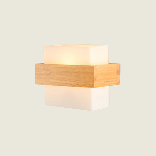 White Glass Rectangle Sconce Lighting Modern Single-Bulb Wall Light Fixture with Wooden Decor Clearhalo 'Modern wall lights' 'Modern' 'Wall Lamps & Sconces' 'Wall Lights' Lighting' 2218142