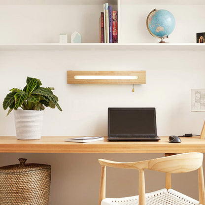 Simplicity Rectangular LED Wall Mounted Light Wood Bedside Wall Sconce Lighting with Pull Chain Wood 18" Clearhalo 'Modern wall lights' 'Modern' 'Wall Lamps & Sconces' 'Wall Lights' Lighting' 2218156