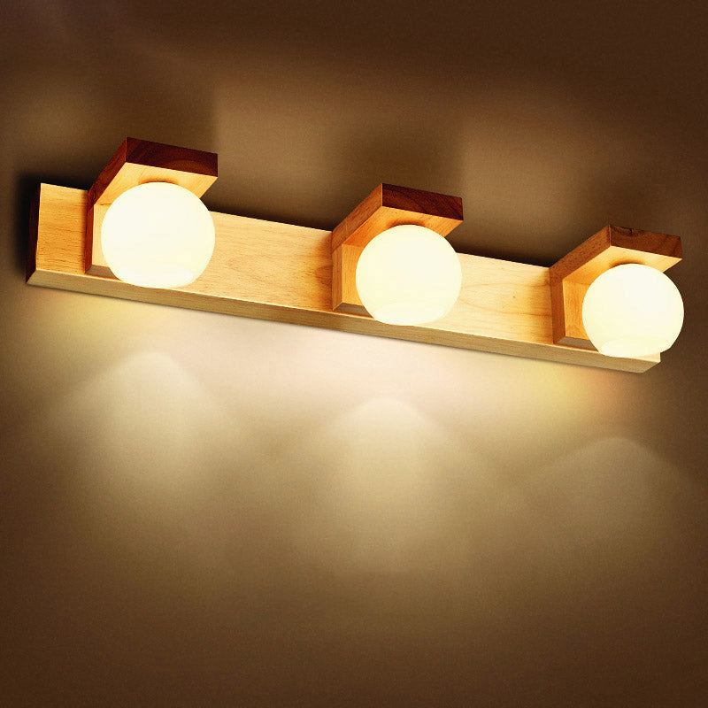 Simplicity Globe Wall Sconce Light White Glass Bathroom LED Vanity Lighting with Wooden Backplate Clearhalo 'Modern wall lights' 'Modern' 'Wall Lamps & Sconces' 'Wall Lights' Lighting' 2218175
