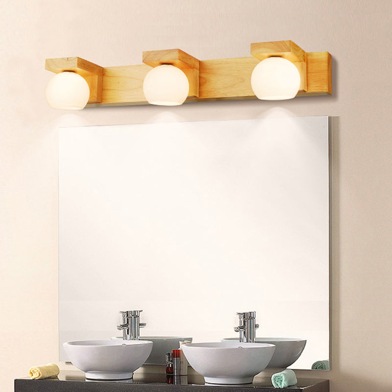 Simplicity Globe Wall Sconce Light White Glass Bathroom LED Vanity Lighting with Wooden Backplate Clearhalo 'Modern wall lights' 'Modern' 'Wall Lamps & Sconces' 'Wall Lights' Lighting' 2218181