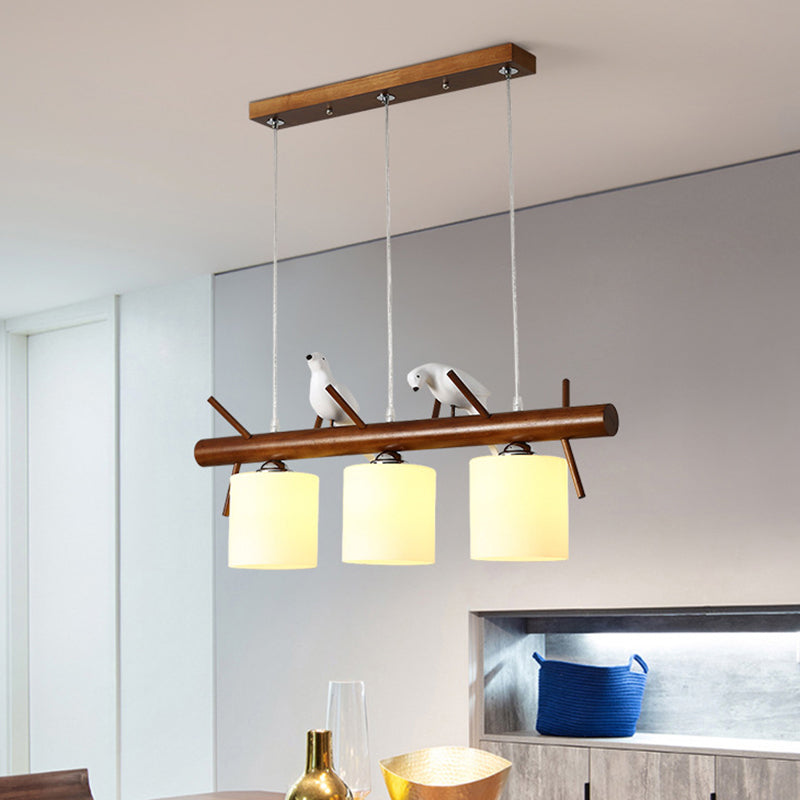 Cylinder Restaurant LED Pendant Light White Glass Simplicity Hanging Island Light with Resin Bird 3 White Clearhalo 'Ceiling Lights' 'Island Lights' Lighting' 2218232