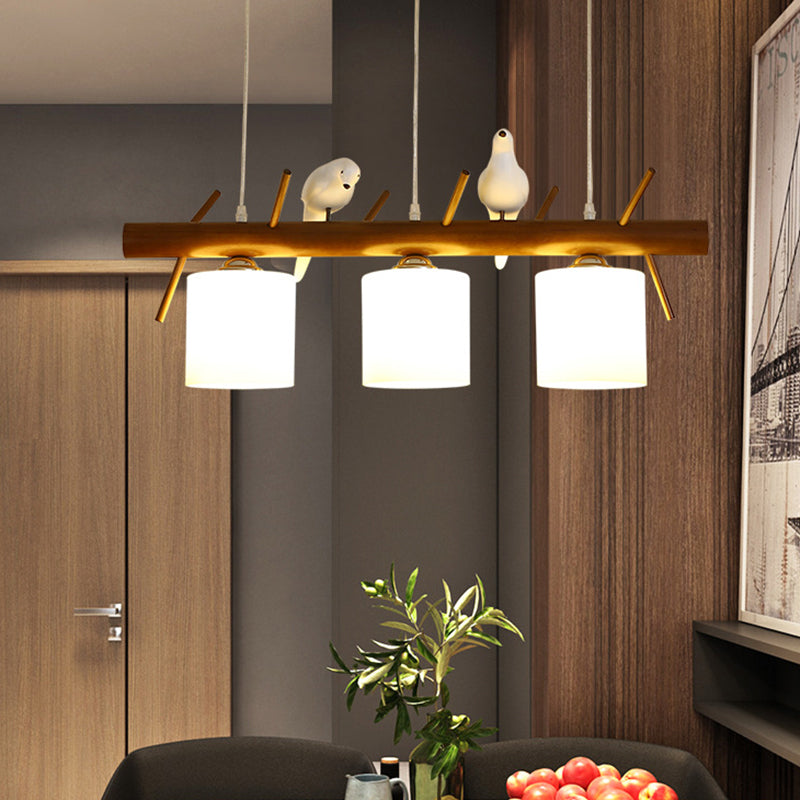 Cylinder Restaurant LED Pendant Light White Glass Simplicity Hanging Island Light with Resin Bird Clearhalo 'Ceiling Lights' 'Island Lights' Lighting' 2218233