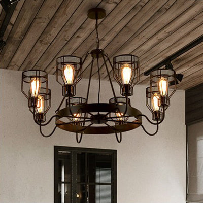 6/8 Lights Chandelier Lighting Retro Style Wire Guard Metal Down/Up Ceiling Light with Bell Shade in Black Clearhalo 'Cast Iron' 'Ceiling Lights' 'Chandeliers' 'Industrial Chandeliers' 'Industrial' 'Metal' 'Middle Century Chandeliers' 'Rustic Chandeliers' 'Tiffany' Lighting' 22185