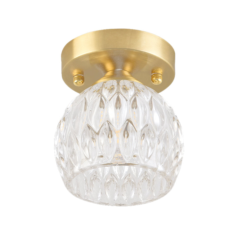 Dome Flush Mount Light Modernism Dimpled Crystal 1 Light Brass Ceiling Light Fixture for Corridor Clearhalo 'Ceiling Lights' 'Close To Ceiling Lights' 'Close to ceiling' 'Flush mount' 'Industrial Flush Mount' Lighting' 221953