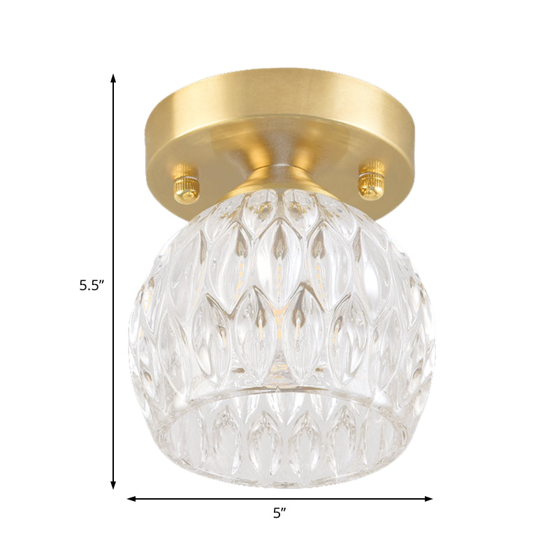 Dome Flush Mount Light Modernism Dimpled Crystal 1 Light Brass Ceiling Light Fixture for Corridor Clearhalo 'Ceiling Lights' 'Close To Ceiling Lights' 'Close to ceiling' 'Flush mount' 'Industrial Flush Mount' Lighting' 221954