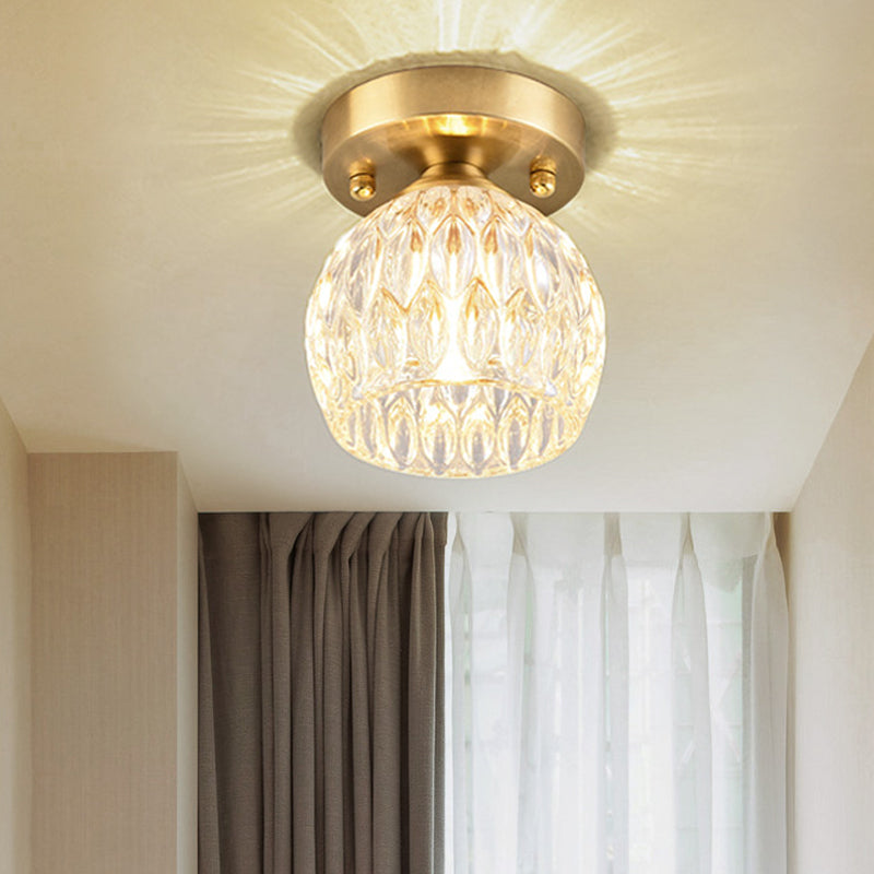 Dome Flush Mount Light Modernism Dimpled Crystal 1 Light Brass Ceiling Light Fixture for Corridor Clearhalo 'Ceiling Lights' 'Close To Ceiling Lights' 'Close to ceiling' 'Flush mount' 'Industrial Flush Mount' Lighting' 221957