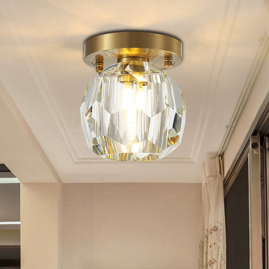 Globe Flush Mount Light Contemporary Faceted Crystal Shade 1 Light Brass Ceiling Fixture for Corridor Brass Clearhalo 'Ceiling Lights' 'Close To Ceiling Lights' 'Close to ceiling' 'Semi-flushmount' Lighting' 221963