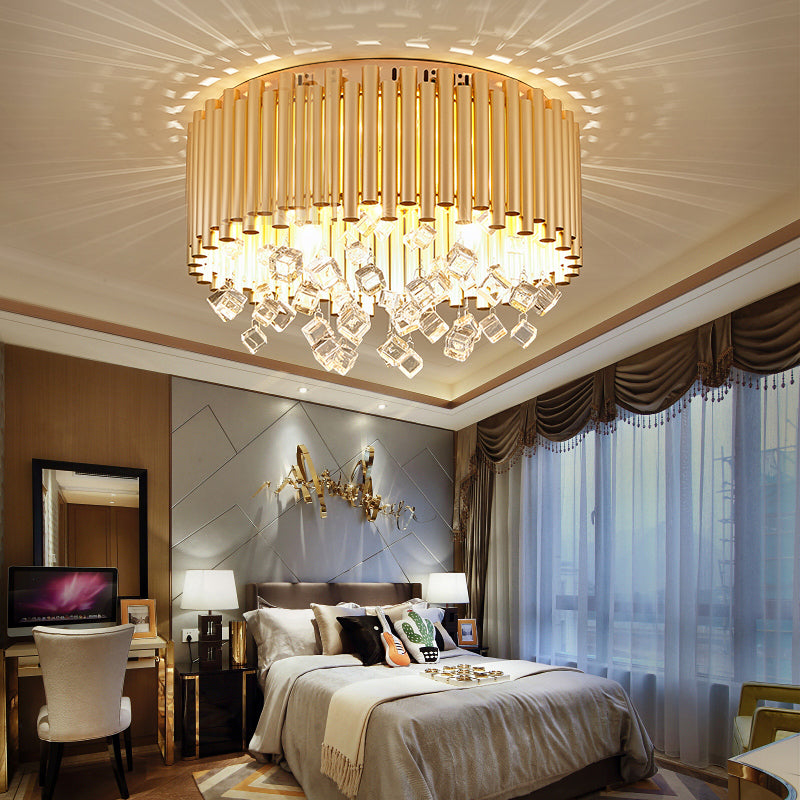 Drum Flush Light Modern Flute Metal Shade 4/5 Lights Brass Ceiling Lamp with Cubic Crystal Drop, 16"/19.5" Dia Clearhalo 'Ceiling Lights' 'Close To Ceiling Lights' 'Close to ceiling' 'Flush mount' Lighting' 222008