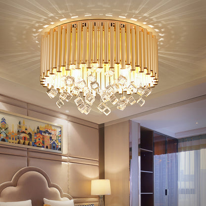 Drum Flush Light Modern Flute Metal Shade 4/5 Lights Brass Ceiling Lamp with Cubic Crystal Drop, 16"/19.5" Dia Brass 16" Clearhalo 'Ceiling Lights' 'Close To Ceiling Lights' 'Close to ceiling' 'Flush mount' Lighting' 222009