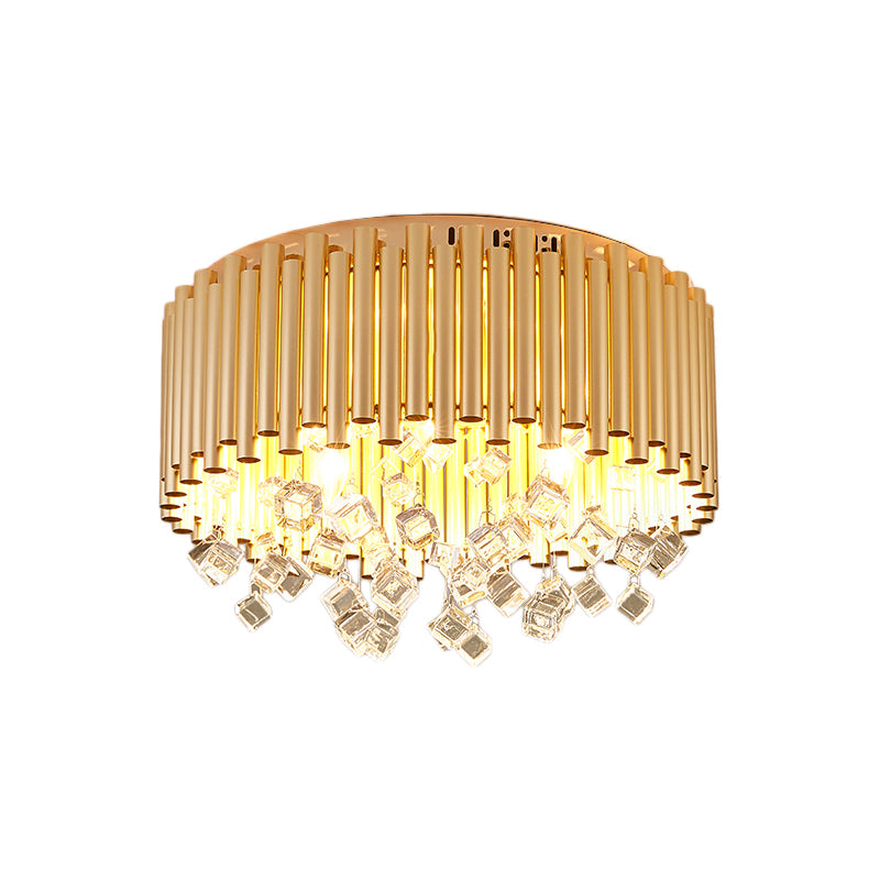 Drum Flush Light Modern Flute Metal Shade 4/5 Lights Brass Ceiling Lamp with Cubic Crystal Drop, 16"/19.5" Dia Clearhalo 'Ceiling Lights' 'Close To Ceiling Lights' 'Close to ceiling' 'Flush mount' Lighting' 222011