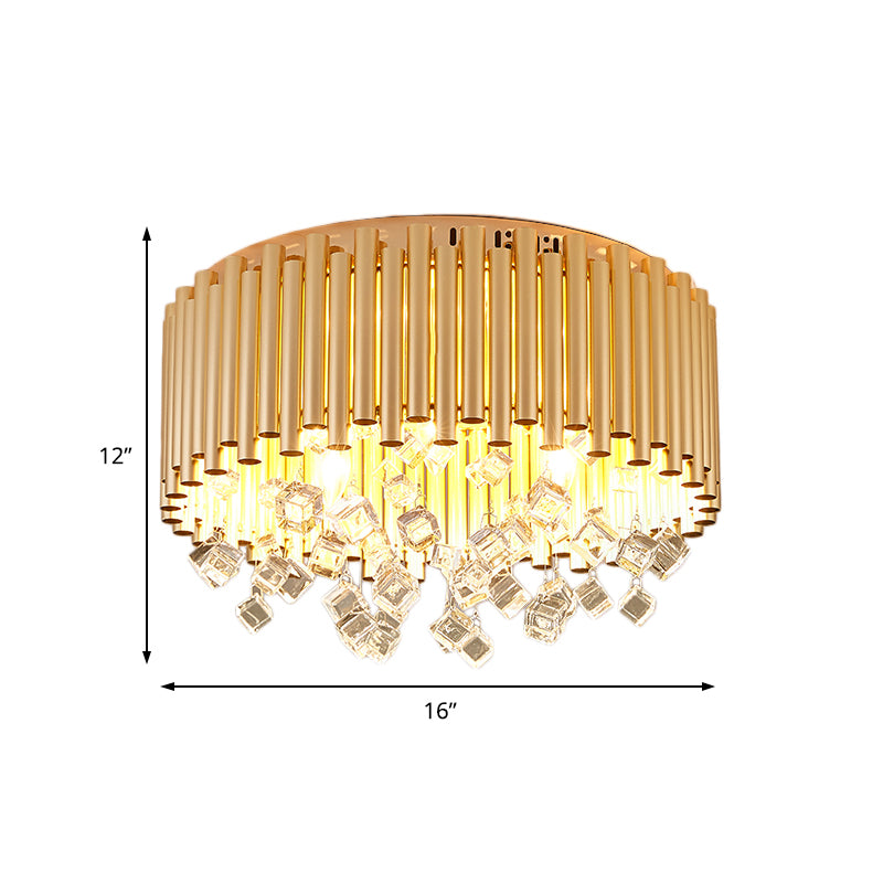 Drum Flush Light Modern Flute Metal Shade 4/5 Lights Brass Ceiling Lamp with Cubic Crystal Drop, 16"/19.5" Dia Clearhalo 'Ceiling Lights' 'Close To Ceiling Lights' 'Close to ceiling' 'Flush mount' Lighting' 222012