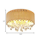 Drum Flush Light Modern Flute Metal Shade 4/5 Lights Brass Ceiling Lamp with Cubic Crystal Drop, 16"/19.5" Dia Clearhalo 'Ceiling Lights' 'Close To Ceiling Lights' 'Close to ceiling' 'Flush mount' Lighting' 222013