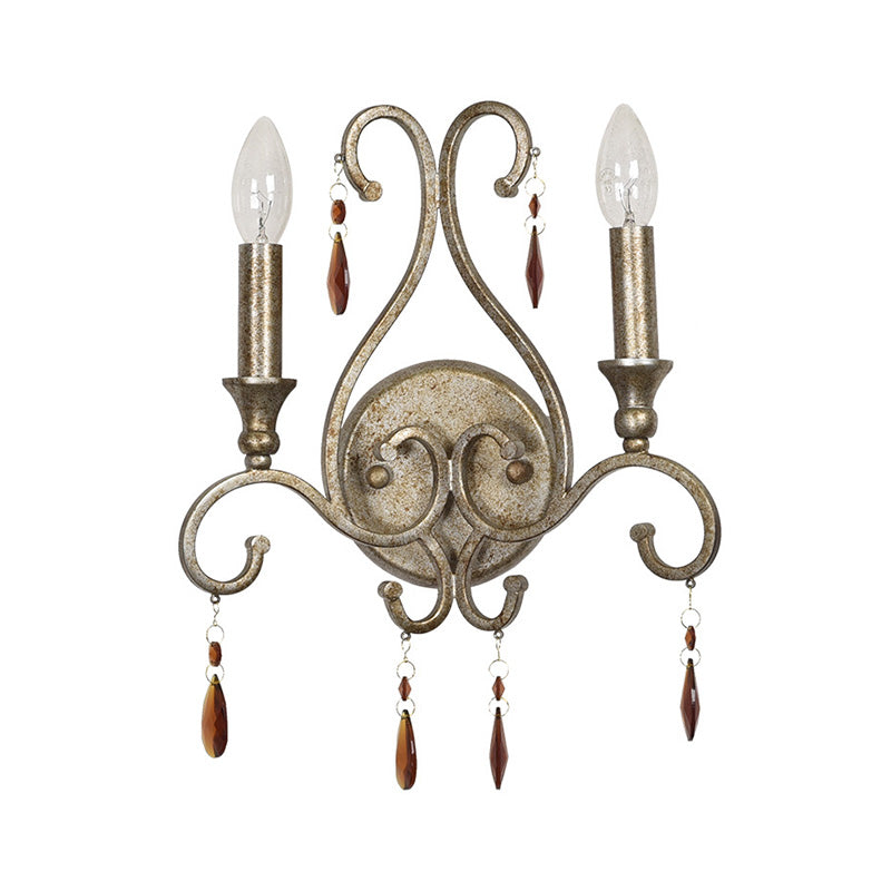 Candle Wall Sconce French Country Iron 2 Lights Aged Silver Sconce Light Fixture with K9 Crystal Deco Clearhalo 'Modern wall lights' 'Modern' 'Wall Lamps & Sconces' 'Wall Lights' Lighting' 222016