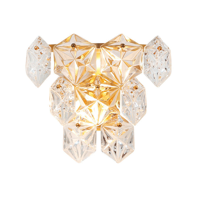 Clear Crystal Hexagon Wall Light Modern Style 8.5"/12.5" W 2 Lights Brass Finish Wall Sconce Light for Living Room - Clearhalo - 'Modern wall lights' - 'Modern' - 'Wall Lamps & Sconces' - 'Wall Lights' - Lighting' - 222046