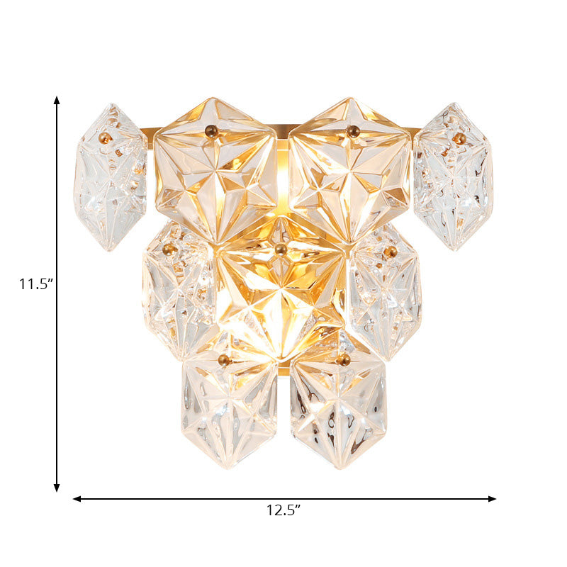 Clear Crystal Hexagon Wall Light Modern Style 8.5"/12.5" W 2 Lights Brass Finish Wall Sconce Light for Living Room Clearhalo 'Modern wall lights' 'Modern' 'Wall Lamps & Sconces' 'Wall Lights' Lighting' 222048