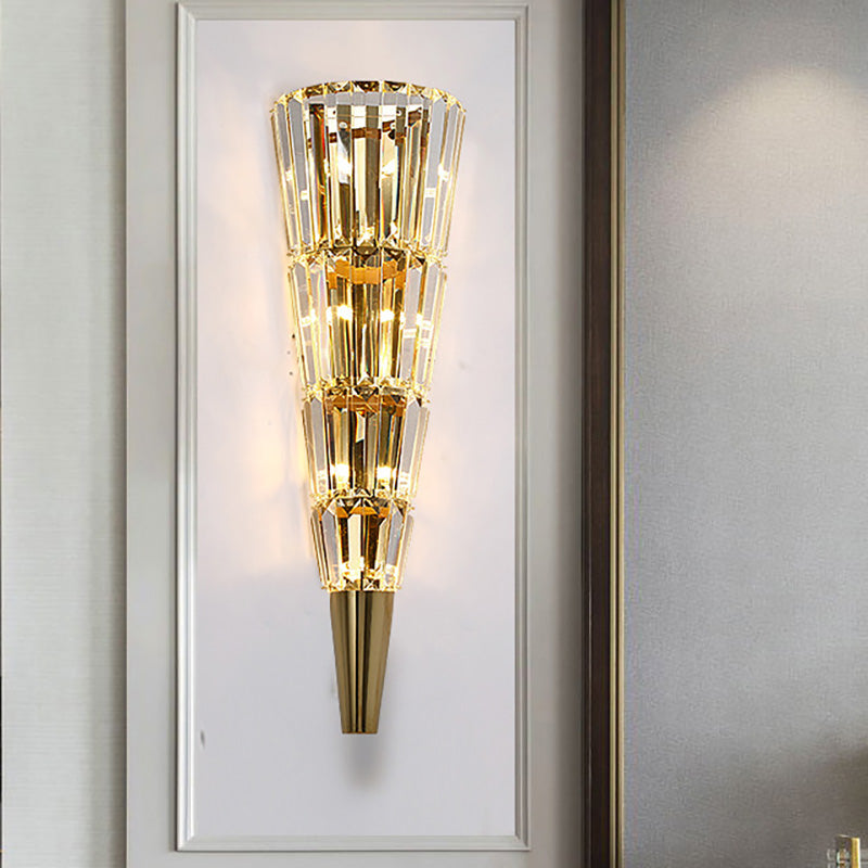 Layered Wall Mount Lighting Vintage Style Clear Crystal 6/8 Lights Golden Wall Sconce for Living Room, 21"/27.5" Height - Clearhalo - 'Modern wall lights' - 'Modern' - 'Wall Lamps & Sconces' - 'Wall Lights' - Lighting' - 222052
