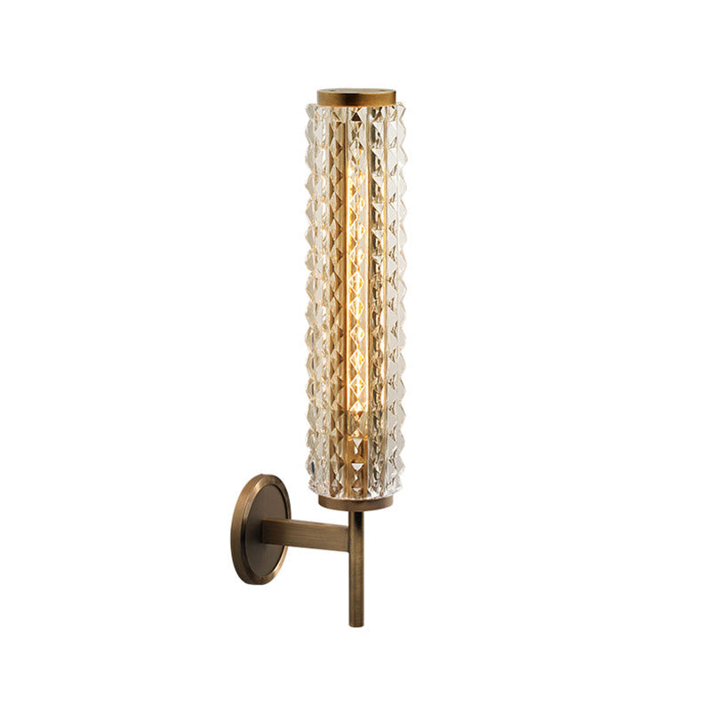 Cylinder Wall Lighting Vintage Stylish Clear Glass LED Brass Finish Wall Light Sconce for Living Room Clearhalo 'Cast Iron' 'Glass' 'Industrial' 'Modern wall lights' 'Modern' 'Tiffany' 'Traditional wall lights' 'Wall Lamps & Sconces' 'Wall Lights' Lighting' 222058