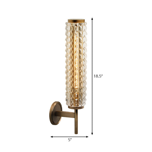Cylinder Wall Lighting Vintage Stylish Clear Glass LED Brass Finish Wall Light Sconce for Living Room Clearhalo 'Cast Iron' 'Glass' 'Industrial' 'Modern wall lights' 'Modern' 'Tiffany' 'Traditional wall lights' 'Wall Lamps & Sconces' 'Wall Lights' Lighting' 222059