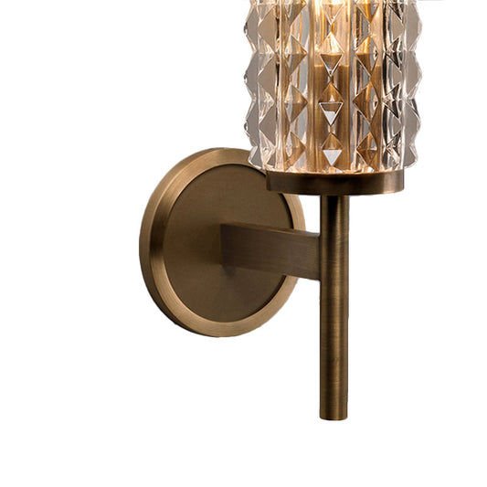 Cylinder Wall Lighting Vintage Stylish Clear Glass LED Brass Finish Wall Light Sconce for Living Room Clearhalo 'Cast Iron' 'Glass' 'Industrial' 'Modern wall lights' 'Modern' 'Tiffany' 'Traditional wall lights' 'Wall Lamps & Sconces' 'Wall Lights' Lighting' 222060