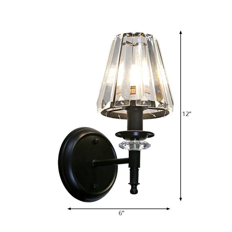 Clear Crystal Cone Wall Mount Light Contemporary Style 1 Bulb Black Finish Wall Lamp for Bedroom - Clearhalo - 'Modern wall lights' - 'Modern' - 'Wall Lamps & Sconces' - 'Wall Lights' - Lighting' - 222075
