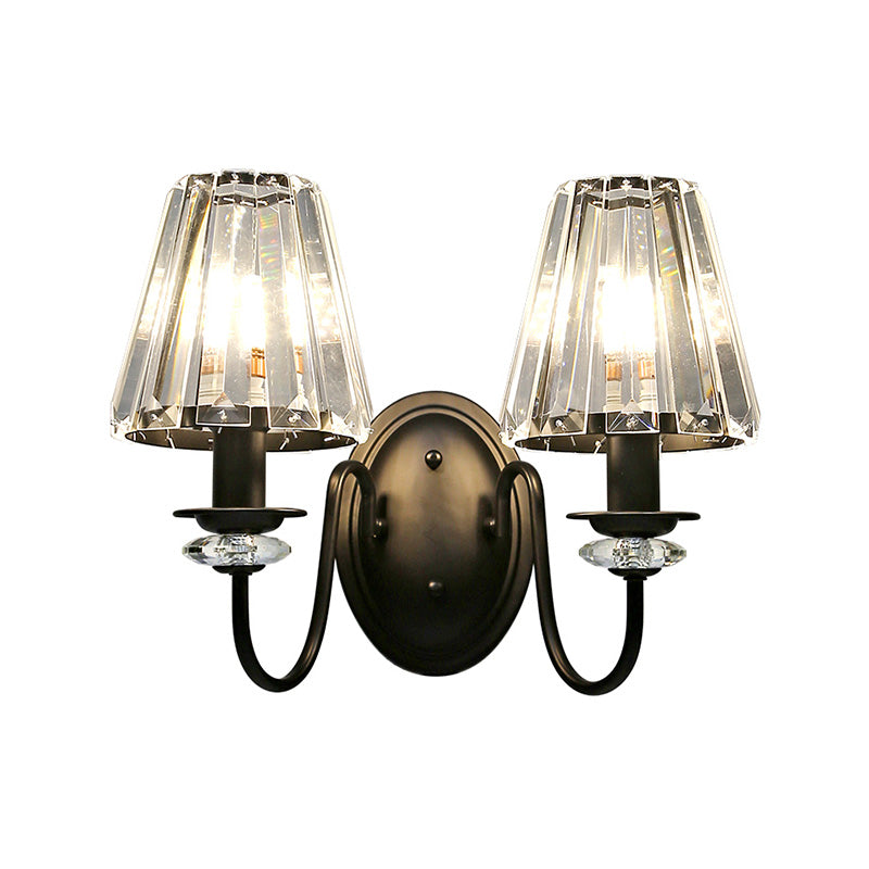 Clear Crystal Prism Wall Sconce Lamp Modernist 2 Lights Black Finish Wall Light with Cone Shade and Gooseneck Arm Clearhalo 'Cast Iron' 'Glass' 'Industrial' 'Modern wall lights' 'Modern' 'Tiffany' 'Traditional wall lights' 'Wall Lamps & Sconces' 'Wall Lights' Lighting' 222081