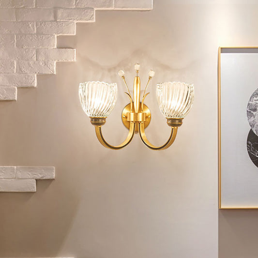 Modernist 1/2-Light Wall Lighting with Clear Crystal Shade Brass Finish Bowl Wall Sconce for Living Room 2.0 Brass Clearhalo 'Modern wall lights' 'Modern' 'Wall Lamps & Sconces' 'Wall Lights' Lighting' 222088