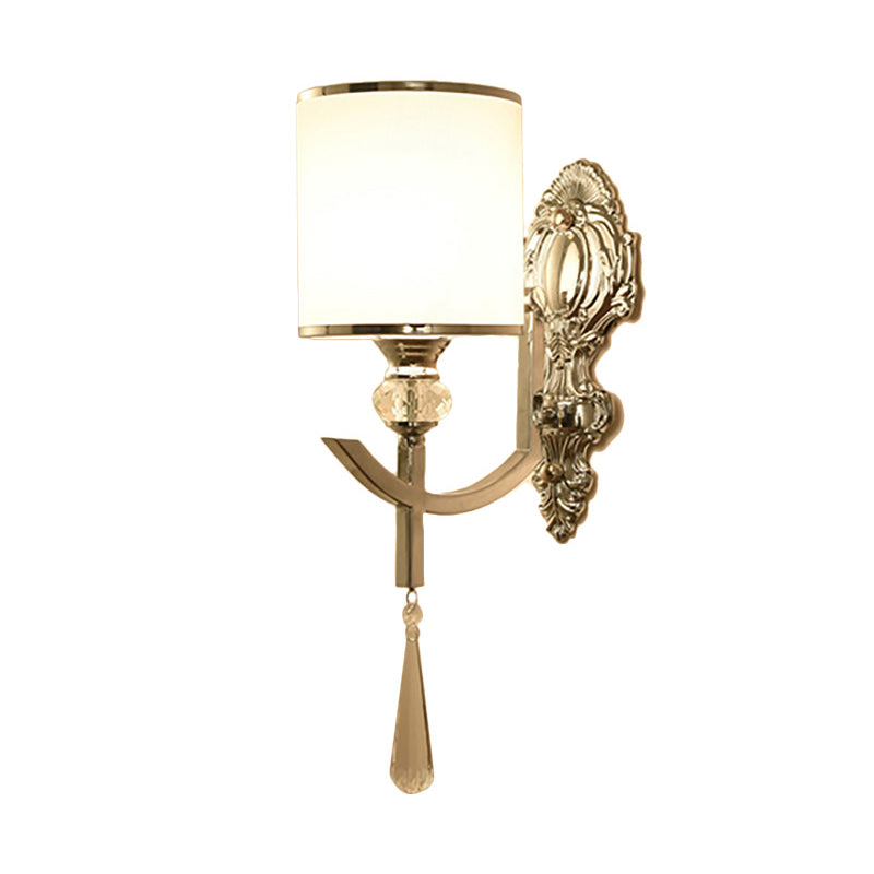 Vintage Style Cylinder Wall Sconce Fabric 1/2-Head Corridor Wall Lighting with Carved Backplate in Chrome Clearhalo 'Modern wall lights' 'Modern' 'Wall Lamps & Sconces' 'Wall Lights' Lighting' 222126