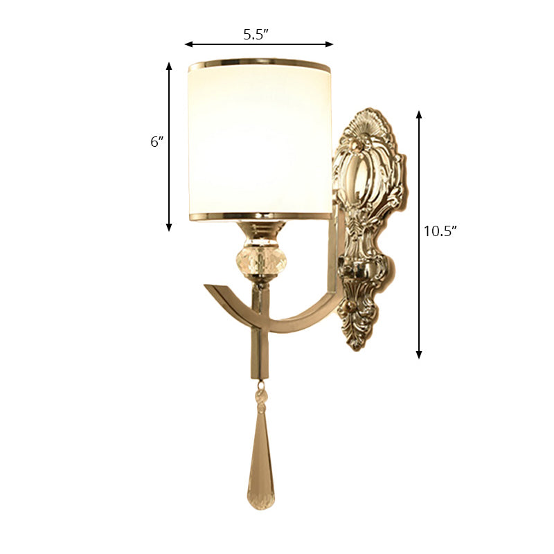 Vintage Style Cylinder Wall Sconce Fabric 1/2-Head Corridor Wall Lighting with Carved Backplate in Chrome Clearhalo 'Modern wall lights' 'Modern' 'Wall Lamps & Sconces' 'Wall Lights' Lighting' 222127