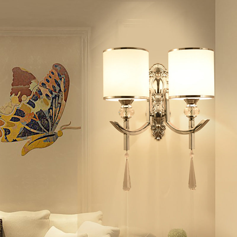 Vintage Style Cylinder Wall Sconce Fabric 1/2-Head Corridor Wall Lighting with Carved Backplate in Chrome 2.0 Chrome Clearhalo 'Modern wall lights' 'Modern' 'Wall Lamps & Sconces' 'Wall Lights' Lighting' 222129