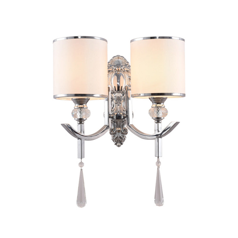Vintage Style Cylinder Wall Sconce Fabric 1/2-Head Corridor Wall Lighting with Carved Backplate in Chrome Clearhalo 'Modern wall lights' 'Modern' 'Wall Lamps & Sconces' 'Wall Lights' Lighting' 222130