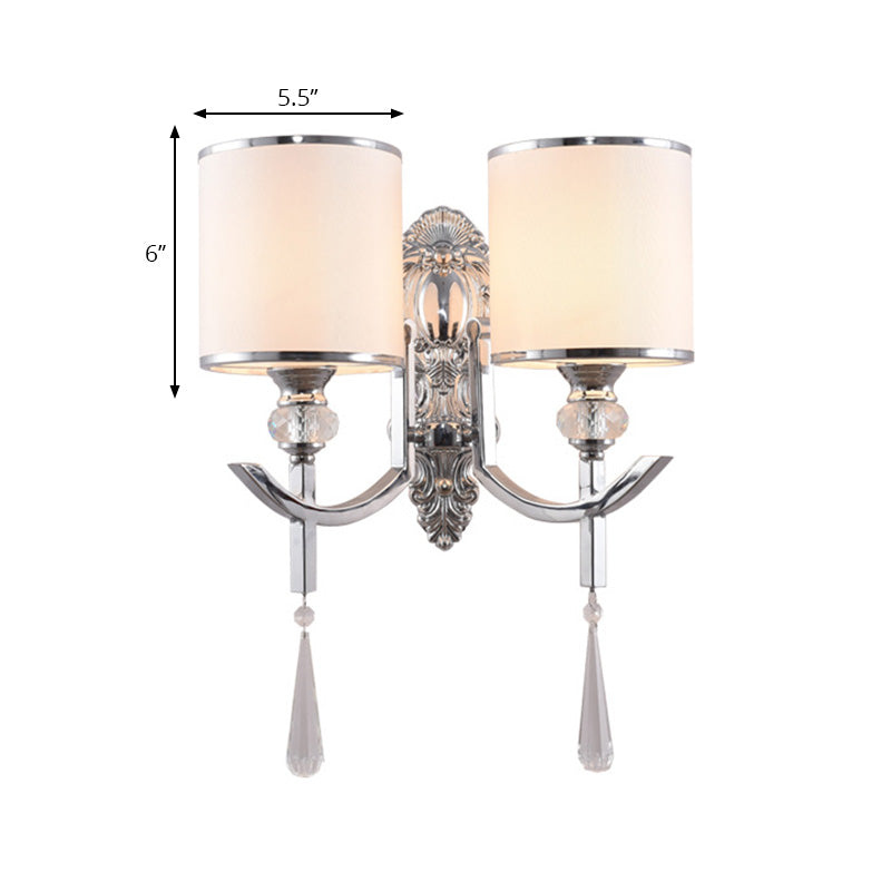 Vintage Style Cylinder Wall Sconce Fabric 1/2-Head Corridor Wall Lighting with Carved Backplate in Chrome Clearhalo 'Modern wall lights' 'Modern' 'Wall Lamps & Sconces' 'Wall Lights' Lighting' 222131