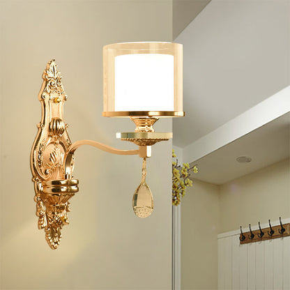 Gold Finish Cylinder Sconce Light Vintage 1/2-Bulb Metal Wall Light Fixture with Double Glass Shade and Crystal Deco 1.0 Gold Clearhalo 'Modern wall lights' 'Modern' 'Wall Lamps & Sconces' 'Wall Lights' Lighting' 222151