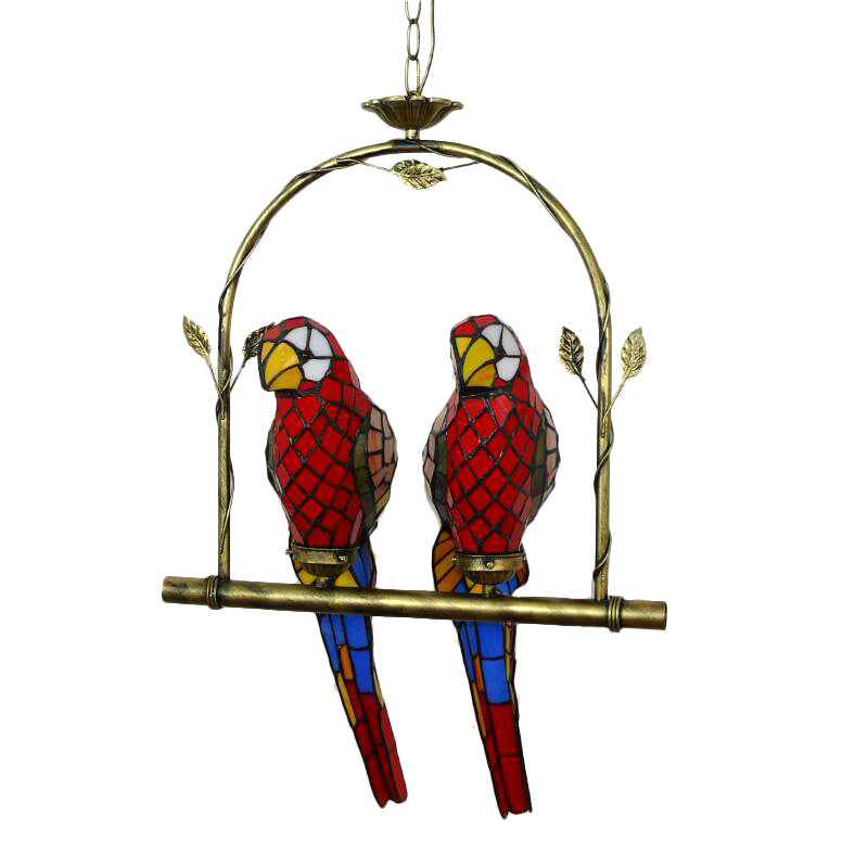 Parrot Stainless Glass Pendant Lamp Tiffany Stylish 2 Lights Red/Red and Yellow Hanging Ceiling Light with Perch Swing Clearhalo 'Ceiling Lights' 'Close To Ceiling Lights' 'Industrial' 'Middle Century Pendants' 'Pendant Lights' 'Pendants' 'Tiffany close to ceiling' 'Tiffany Pendants' 'Tiffany' Lighting' 22218