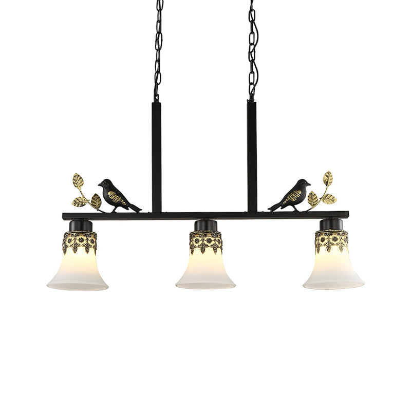 Bell Dining Room Island Pendant Light Classic Frosted Glass 3 Lights Black Hanging Lamp Kit with Birds Clearhalo 'Ceiling Lights' 'Glass shade' 'Glass' 'Island Lights' Lighting' 222210