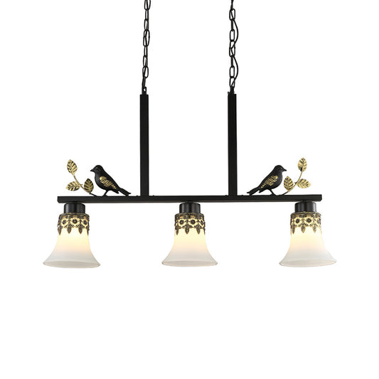 Bell Dining Room Island Pendant Light Classic Frosted Glass 3 Lights Black Hanging Lamp Kit with Birds Clearhalo 'Ceiling Lights' 'Glass shade' 'Glass' 'Island Lights' Lighting' 222210