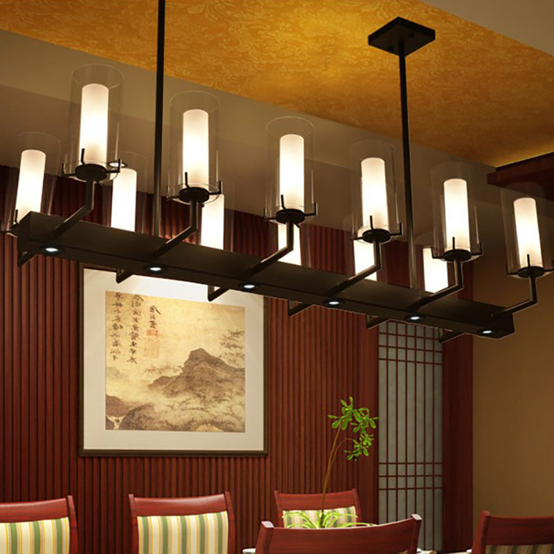 Cylinder Clear Glass Island Light Traditional 8/12 Lights Dining Room Pendant Lighting in Black Clearhalo 'Ceiling Lights' 'Glass shade' 'Glass' 'Island Lights' Lighting' 222248