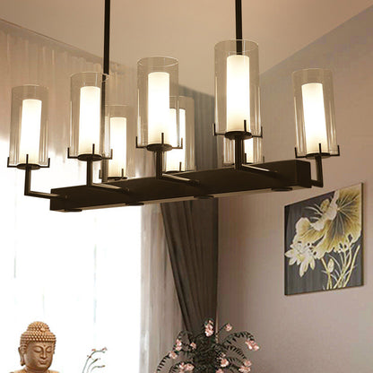 Cylinder Clear Glass Island Light Traditional 8/12 Lights Dining Room Pendant Lighting in Black 8 Black Clearhalo 'Ceiling Lights' 'Glass shade' 'Glass' 'Island Lights' Lighting' 222251
