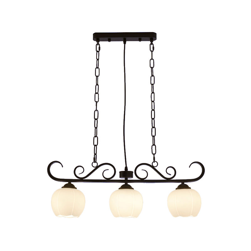 Black Flower Shape Island Lighting Fixture Traditional Milky Glass 3 Bulbs Dining Room Hanging Light Clearhalo 'Ceiling Lights' 'Glass shade' 'Glass' 'Island Lights' Lighting' 222256