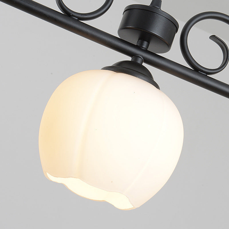 Black Flower Shape Island Lighting Fixture Traditional Milky Glass 3 Bulbs Dining Room Hanging Light Clearhalo 'Ceiling Lights' 'Glass shade' 'Glass' 'Island Lights' Lighting' 222258