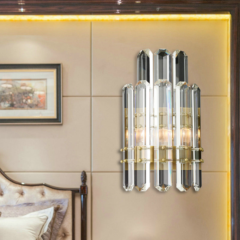 1/2-Bulb Bedside Wall Sconce Contemporary Style Chrome/Gold Wall Mounted Lamp with Clear Crystal Prism Clearhalo 'Art deco wall lights' 'Industrial wall lights' 'Industrial' 'Middle century wall lights' 'Modern wall lights' 'Modern' 'Tiffany' 'Wall Lamps & Sconces' 'Wall Lights' Lighting' 222281